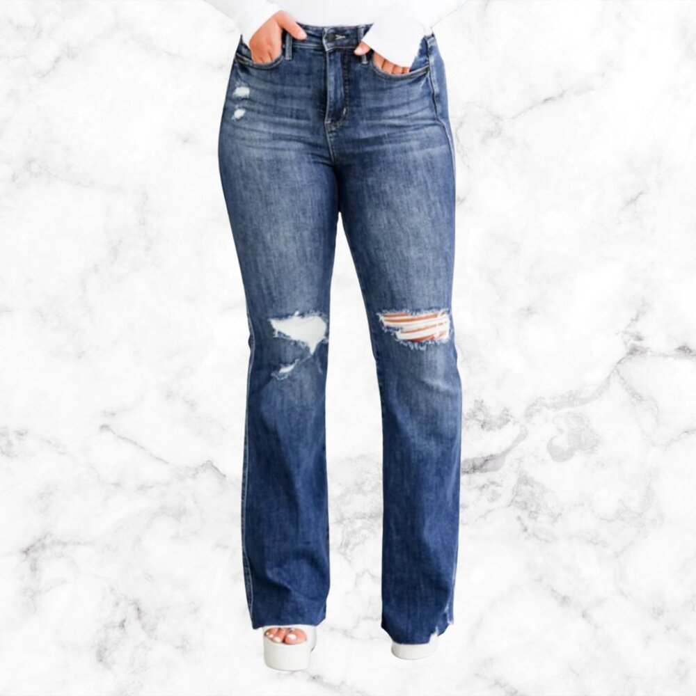 JUDY BLUE Amelia Dark Wash Tummy Control Flare Jeans 16W Raw Hem